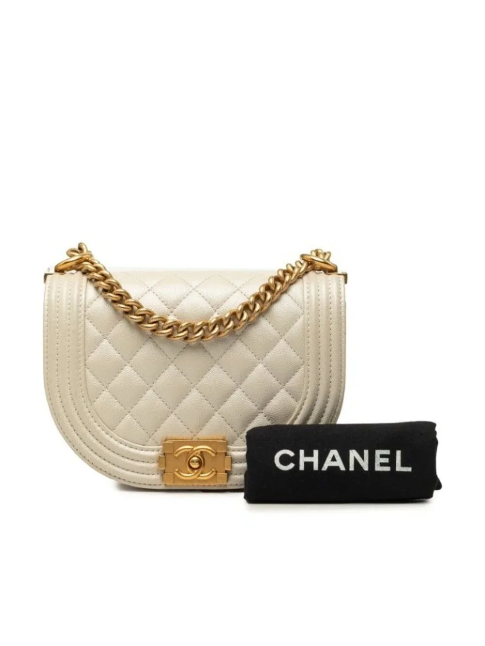 Chanel CC Logo Boy Chain Shoulder Bag White Ivory Gold Caviar Leather